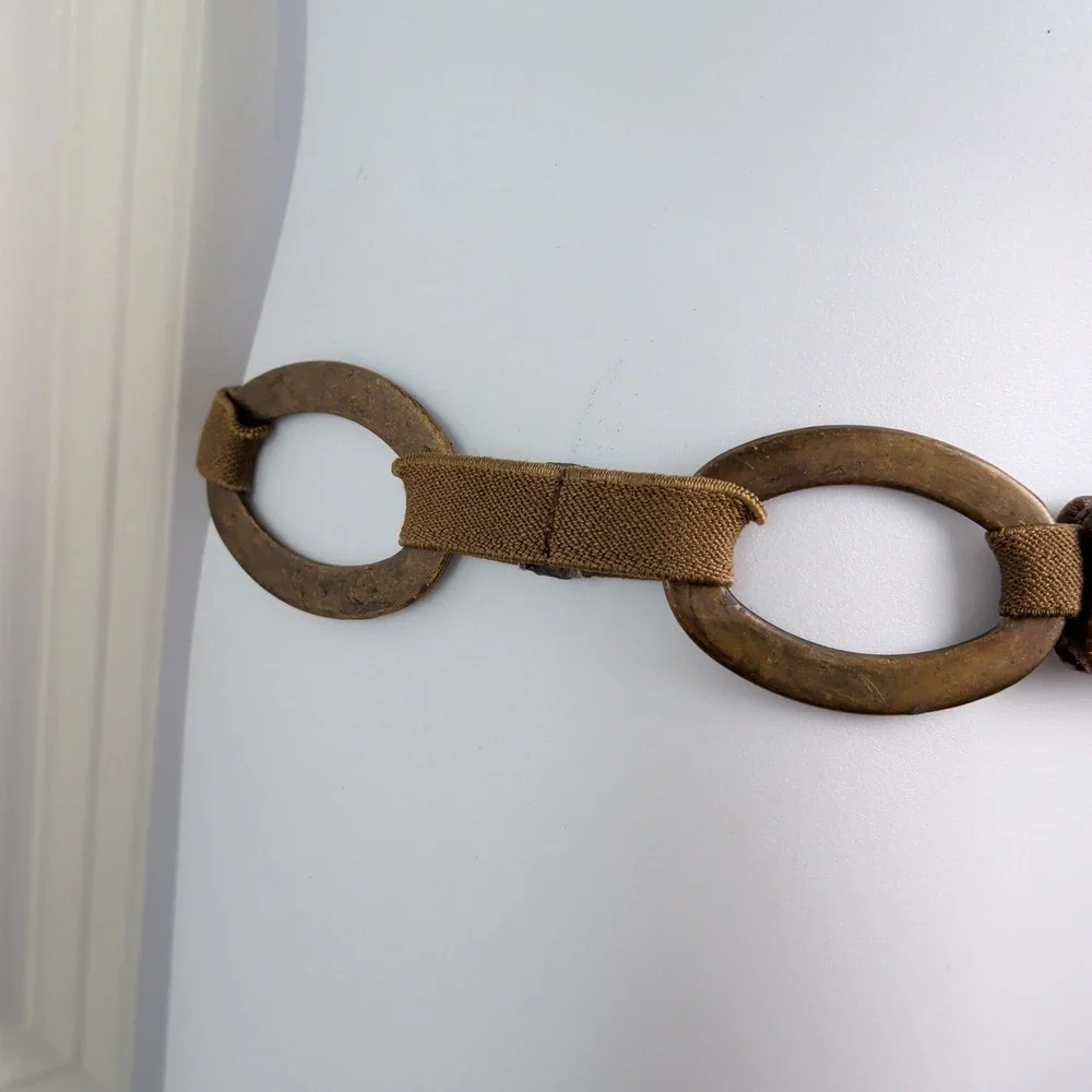 Suzi Roher Bronze Metal Oval Link Leather Elastic Chain Belt Hip Belt Medium
